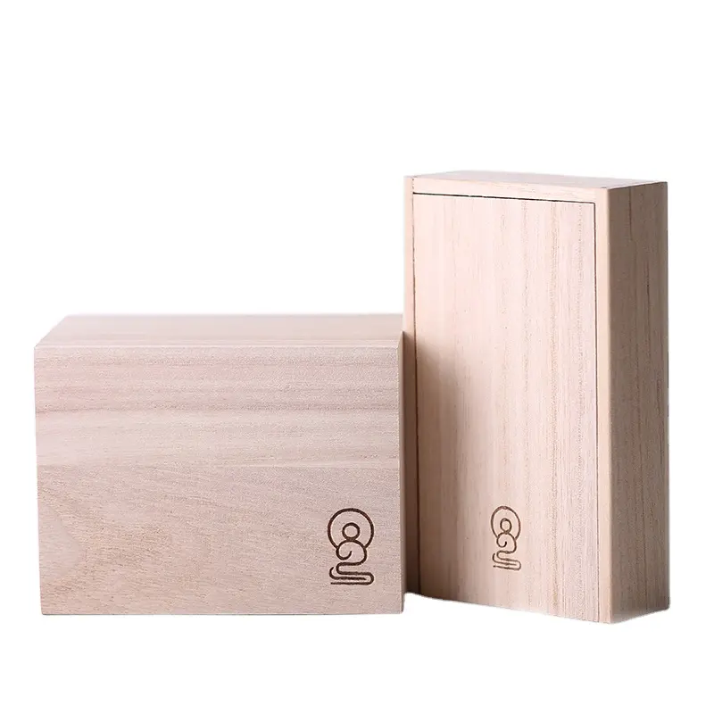 JUNJI Wooden plain natural color paulownia solid wood slide lid small gift box unfinished wood packaging box