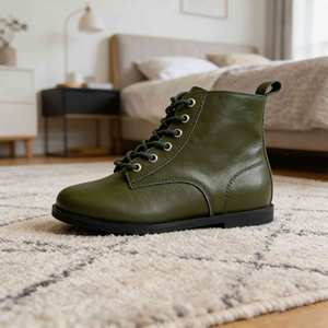 Vente directe d'usine, bottes de combat en cuir vert pour femmes, à lacets, avec fermeture éclair latérale, bottes à la cheville - Product Image 6