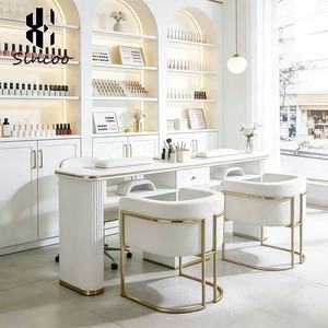 Luxury White <b>Nail</b> Salon Furniture Set with Gold Manicure Table Chairs Professional Marble Top Beauty <b>Nail</b> Manicure Table - Product Image 1