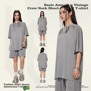 Conjunto de Camisa y Pantalones Cortos Personalizados Estilo Urbano para Hombre, Vintage, 250G, Lavado y Envejecido, Camiseta de Manga Corta - Product Image 1