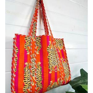 Bolso Tote Mini Acolchado de Algodón con Estampado Floral Abstracto, Bolso de Mano con Estampado en Bloque, Bolsos de Compras, Bolso de Playa, Bolsos de Viaje y Bolsos de Hombro - Product Image 2