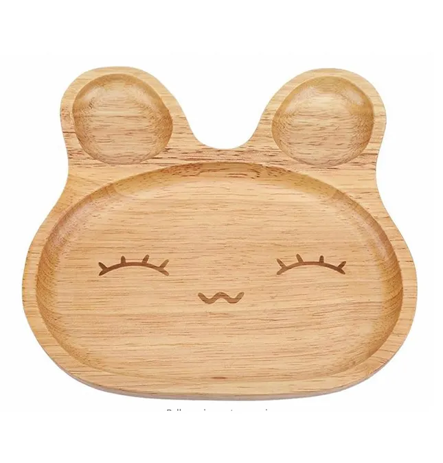 Assiettes en bois de bambou à 3 compartiments en forme de lapin pour enfants