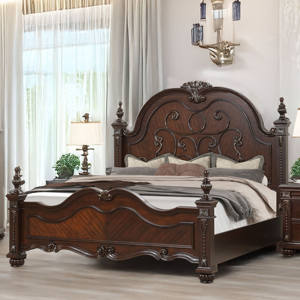 Ensemble de meubles de chambre à coucher en bois sculpté brun foncé de luxe - Lit à baldaquin, commode avec miroir, table de chevet, meubles de rangement de chambre à coucher ornés - Product Image 1