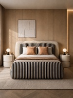 Cama estilo francés París, tela a rayas en blanco y negro, tapizada de lujo ligero, tamaño King, moderna, minimalista, inspirada en diseñadores.