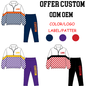 Conjunto de 2 piezas a cuadros personalizado para niños y adultos: Top con cuello de media cremallera y bloques de color, y pantalón estampado de cintura alta. Chándal infantil. - Product Image 2
