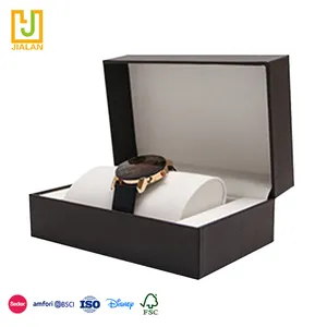 Caja de reloj de papel negro mate, cartón rígido, logotipo de lámina dorada, embalaje con almohada, precio bajo de fábrica