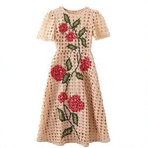 Vestido de Fiesta con Bordado Hueco y Corte Imperio, Línea A, Moda Primavera Verano 2026 para Mujer, con Estampado Floral, Manga Corta, Maxi, Color Albaricoque y Rojo Vino - Product Image 3