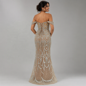 Abito <span class=keywords><strong>da</strong></span> <span class=keywords><strong>Sposa</strong></span> Moderno con Spalle Scoperte, Allacciatura Posteriore, Perle e Pizzo Fatto a Mano, Stile Sirena - Product Image 4