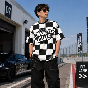 OEM Graffiti Letter Checkerboard Racing Tee Oversized Loose Fit Checkered Club Print Mens Racing Fan Short Sleeve <b>Tshirt</b> Wholesa - Product Image 1