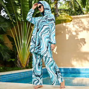 Nile Burkini Swimwear Set For Women 3 Piece Modest Marble Print Tunic Pants Bonnet Hijab Quick Dry - Product Image 2