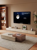 Table basse en travertin de style moderne minimaliste du milieu du siècle, avec meuble TV et espace de rangement, aucun assemblage requis