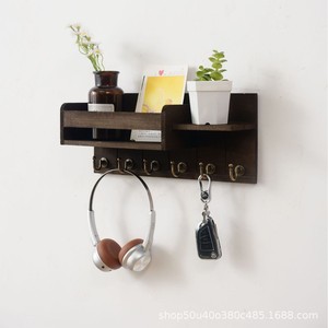 Wooden Wall Mounted Key Rack With <b>Hooks</b> Storage Organizer For Mail And Keys <b>Black</b> Rectangle 2 Layer Design - Product Image 4