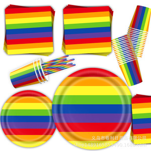 Articles de fête arc-en-ciel, assiettes en papier, gobelets, serviettes, fourchettes, cuillères, ensemble de décoration de fête d'anniversaire jetable, 5-7 ans - Product Image 3
