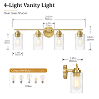Applique murale LED de luxe à 4 lumières en verre transparent doré, certifiée ETL, IP44, pour hôtel, appartement, au-dessus du miroir