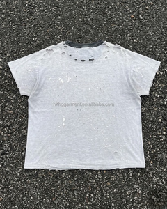 <b>White</b> Painted Splatter Vintage Washed grey acid washed effect Boxy Fit <b>Tshirt</b> Distressed Holes Oversized 100%Cotton Tee for Men - Product Image 2