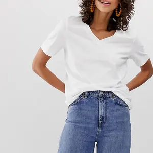 Su misura In Cotone Biologico T-shirt in bianco Anti-pilling Calda della MAGLIETTA delle Donne di Base della Donna Con Scollo A V Tshirt