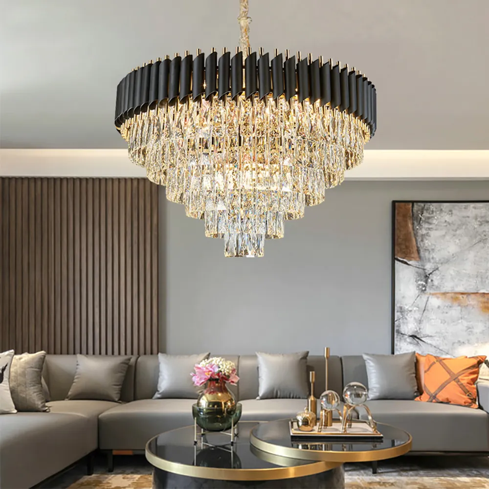 Home dining island postmodern led big K9 crystal iron round pendant lighting black chandelier modern