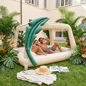 Cama Inflable Blanca Minimalista para Tomar el Sol con Elegante Diseño de Toldo, Tumbona Moderna para Piscina en el Patio Trasero para el Hogar - Product Image 1