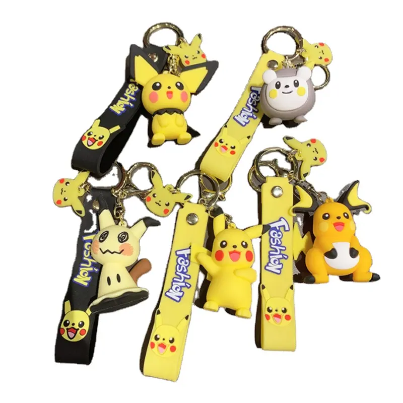 Newest Cute Cool Cartoon Pokemoned Pikach 3D Pendant Keychain PVC Bag Decoration Key Ring Metal Hook with Wrist Strap