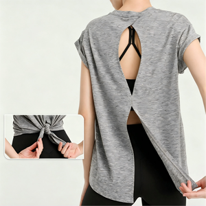 Camiseta de yoga para mujer al por mayor, con espalda abierta y lazo, 2 formas de uso, ajuste holgado, secado rápido, transpirable, para entrenamiento, correr y gimnasio - Product Image 1