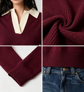 Knit <strong>Polo</strong> Sweater Women Contrast Collar Burgundy Oversized V <strong>Neck</strong> Long Sleeve Loose Retro <strong>Ladies</strong> Knitted Pullover <strong>Jumper</strong> - Product Image 3