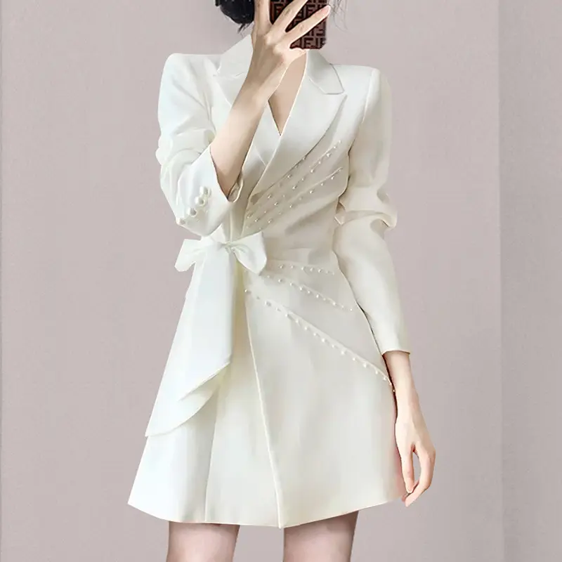 Wholesale 2022 Autumn Dress New Design Sense Heavy Industry Nail Beads Slim White Light Mature Pearl Suit Dress