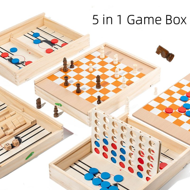 5-in-1 Wooden Board Game Set with Chess Checkers Shut the Box Hockey Game Sling Puck for Kids Adults and Family Fun Chess Box