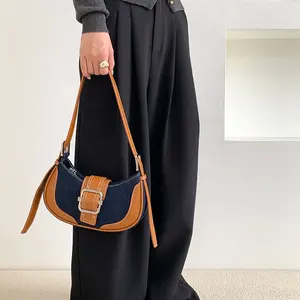 Moda Retro PU deri kadın çanta lüks Denim mavi tasarımcı el çantası yün katılmadan deri bayanlar koltukaltı omuzdan askili çanta