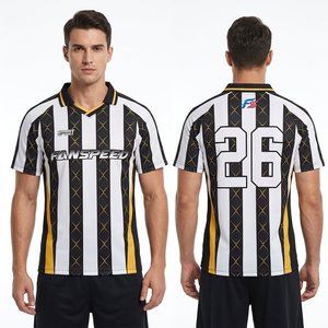 Maglie da Calcio Personalizzate con Colletto a Polo, Scollo a V, Streetwear di Lusso per Uomo, Premium Nero e Bianco con Strisce Dorate - Product Image 1