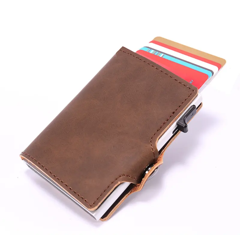 Slim Minimalist Front Pocket RFID Blocking PU Leather Aluminum Wallets Pop Up Credit Card Holder for Men Women