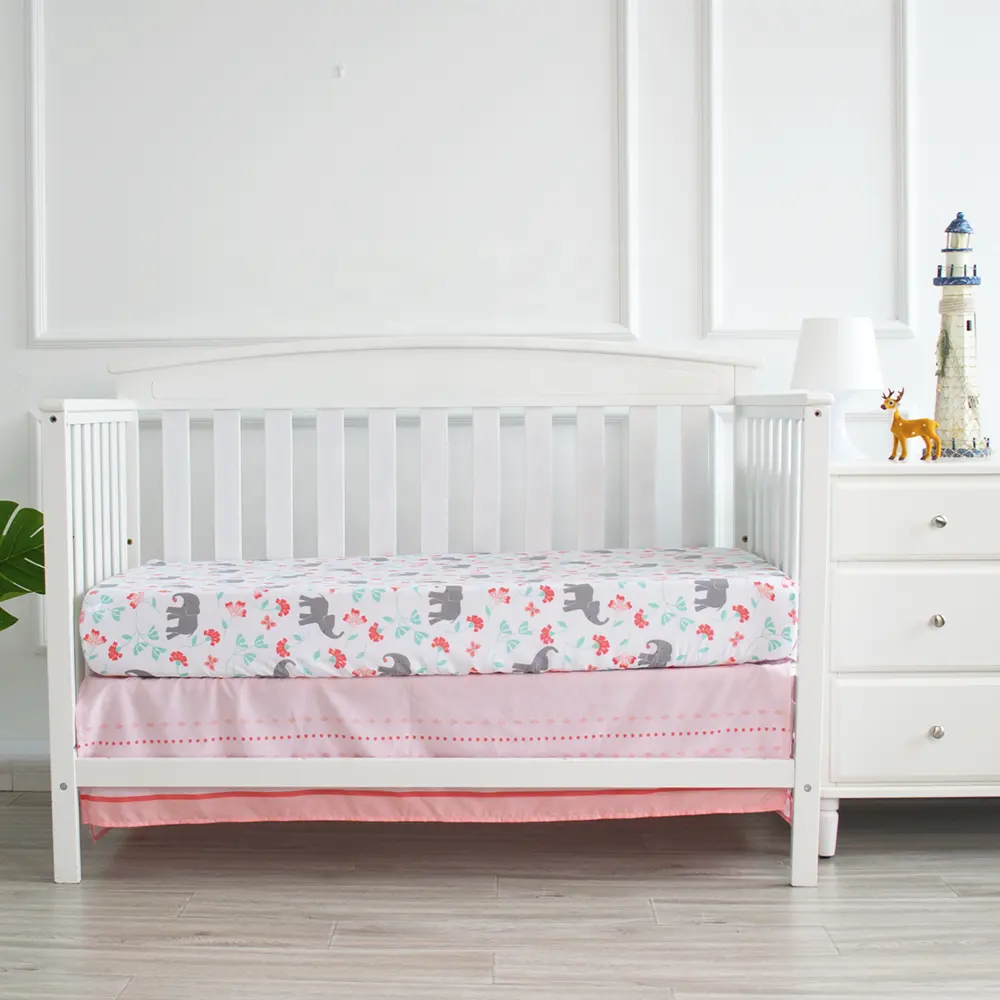 Pink Cartoon Elephant Organic Cotton Cot Bed Set Nursing Baby Crib Bedding Sets For Girls