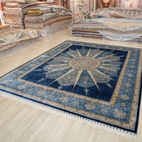 Tapis persan de luxe fait main en soie naturelle bleue à poils longs, résistant aux taches, 9x12 pieds