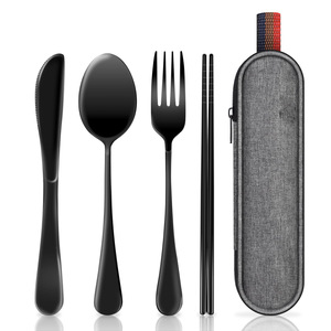 Ustensiles de voyage écologiques en acier inoxydable avec étui, ensemble portable pour le camping et les pique-niques, comprenant couteau, fourchette, cuillère et baguettes - Product Image 5
