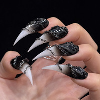 Faux ongles de luxe en forme de griffe de dragon, dégradé noir et blanc, décor chaîne, style gothique punk, faits à la main, réutilisables, à pression