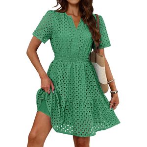 Abito da donna verde con occhielli in pizzo, linea ad A, scollo a V, manica corta, vita elastica, abbigliamento casual estivo - Product Image 4