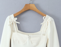 Robe courte décontractée à col carré, manches longues, couleur beige, nœud devant, pour femmes
