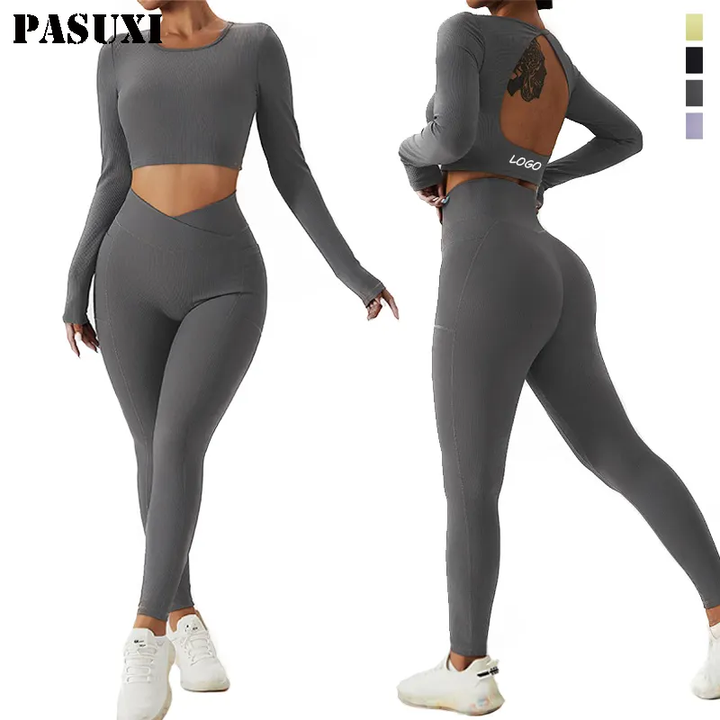 PASUXI Women Seamless Ribbed Set Fitness Sports 4 Piece Suits Yoga Long Sleeve High Waist Running Leggings Workout Yoga Set