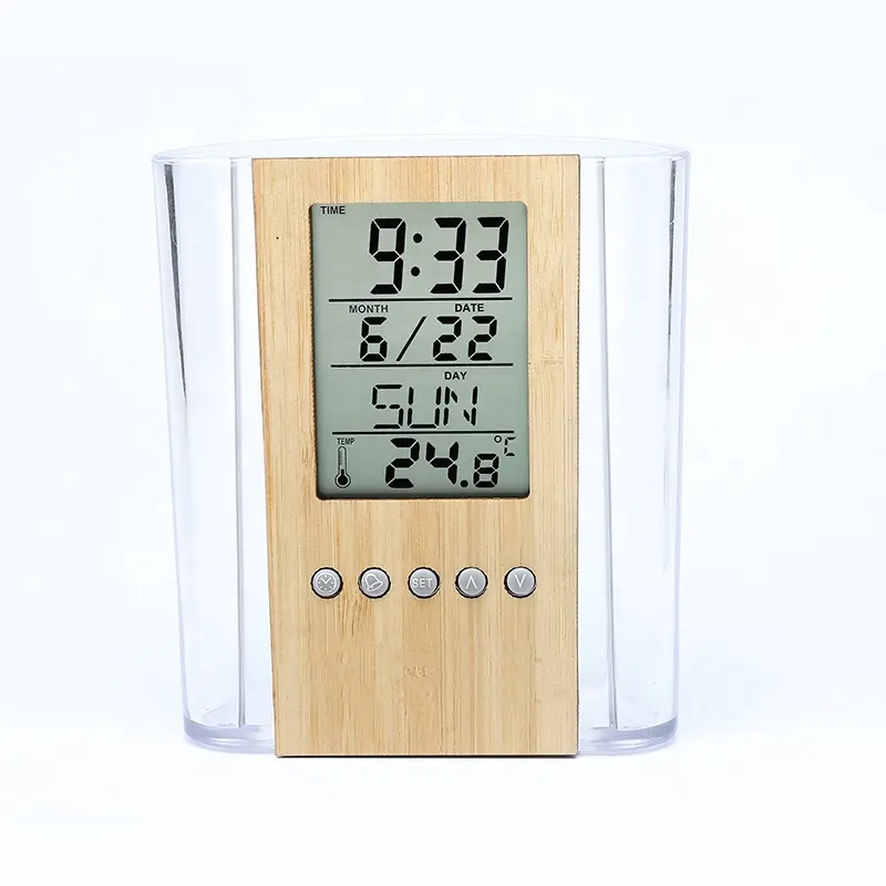 Popular Office Supplies Wholesale Bamboo And Wood Pen Holder Clock Multifunctional Transparent Digital Display Clock
