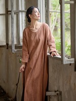 RO9211 Robe longue en lin respirant pour l'automne, style islamique, manches longues, coupe ample, avec lien, Abaya longue pour femmes modestes, usage quotidien