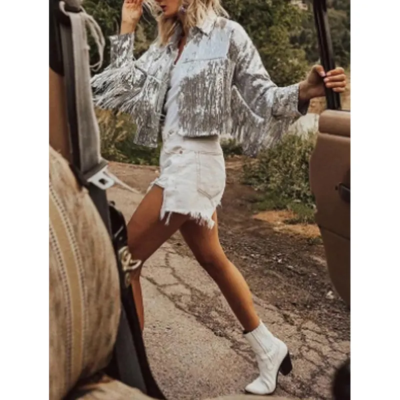 Capispalla donna top 2023 estate autunno Streetwear Rock BF Retro giacca riflettente argento a maniche lunghe donna giacca con paillettes nappa