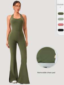 Mono de yoga para mujer europeo-americana, cintura elástica, transpirable, para fitness, deportes, correr, levantamiento de cadera, patrón sólido, conjunto de 1 pieza - Product Image 4