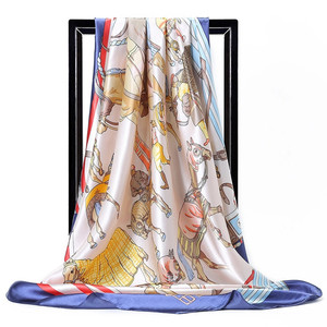 Seiden schal Luxusmarke Euro Blue Horse Print Quadratischer Foulard Big Bandana Damen Satin Kopftücher für Damen Schal 90*90cm - Product Image 1