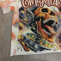 Kaos Pria Skulls Hot Drilling Gothic Vintage Streetwear Desain Tie Dye Katun Tebal OEM Grosir Majestik