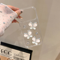 Coque de téléphone élégante à motif écossais papillon avec strass et époxy transparent pour iPhone 17 Pro Max 16 15, avec dragonne perlée en cristal