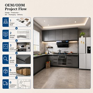 Mobili da Cucina a L Grigio Scuro Personalizzati <span class=keywords><strong>con</strong></span> Parete Effetto Marmo, <span class=keywords><strong>Cappa</strong></span> Nera, Frigorifero Alto, Forno a Incasso e Piano di Lavoro Angolare - Product Image 4