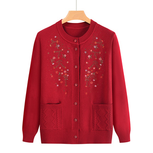 Cárdigan de punto grueso de invierno con cuello redondo y bordado Floral Vintage para mujer con atractivo para abuela y mamá para otoño - Product Image 4