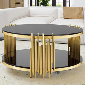 طاولة قهوة عصرية لغرفة المعيشة بقاعدة معدنية ذهبية وسطح زجاجي أسود للمساحات العامة - Product Image 5