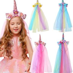 Gasa Arco Iris Color unicornio diadema princesa gradiente borla encaje Niña pelo ornamento tocado flor diadema - Product Image 2