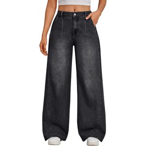 Jeans à jambes larges pour femmes, taille haute, pantalon en denim ample, coton doux, style décontracté, design plissé, coupe confortable - Product Image 1