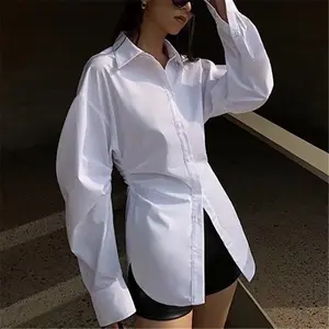 Lange Mouw Vrouw Blouses Katoenen Kantoor Witte Knoop Up Tops Dubbele Geplooide Vrouwen Casual Turn Down Kraag Lang Shirt